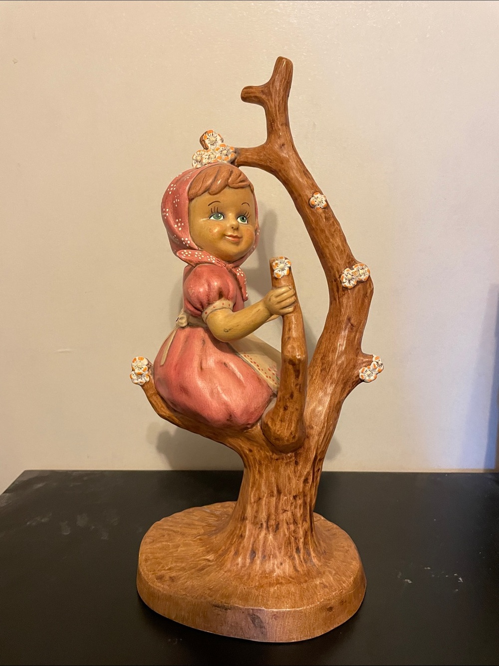 Hand-Painted Pink Girl on Tree Branch Figurine - Home Art Decor